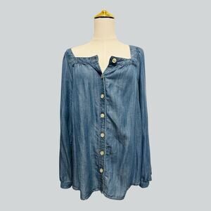 Talbots Chambray Denim Square Neck Top Blouse Cottagecore Boho button Up Size L
